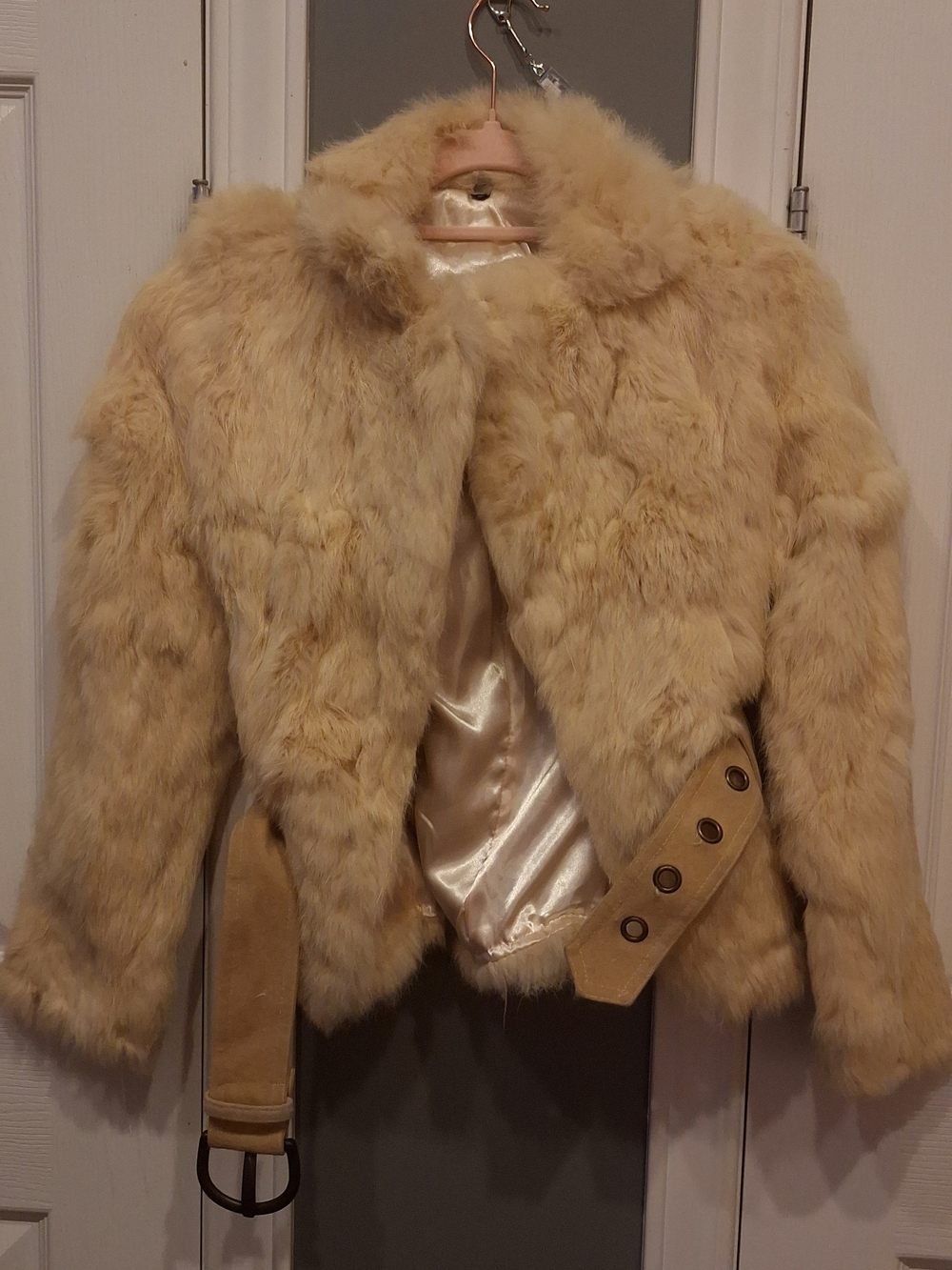 Beige Real Fur Women's Jacket with Belt